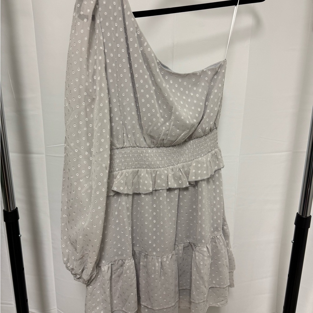 Gray One-Shoulder Polka Dot Dress